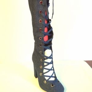 Yoki Millies 18 Denim Grommet Lace Up Knee Boots